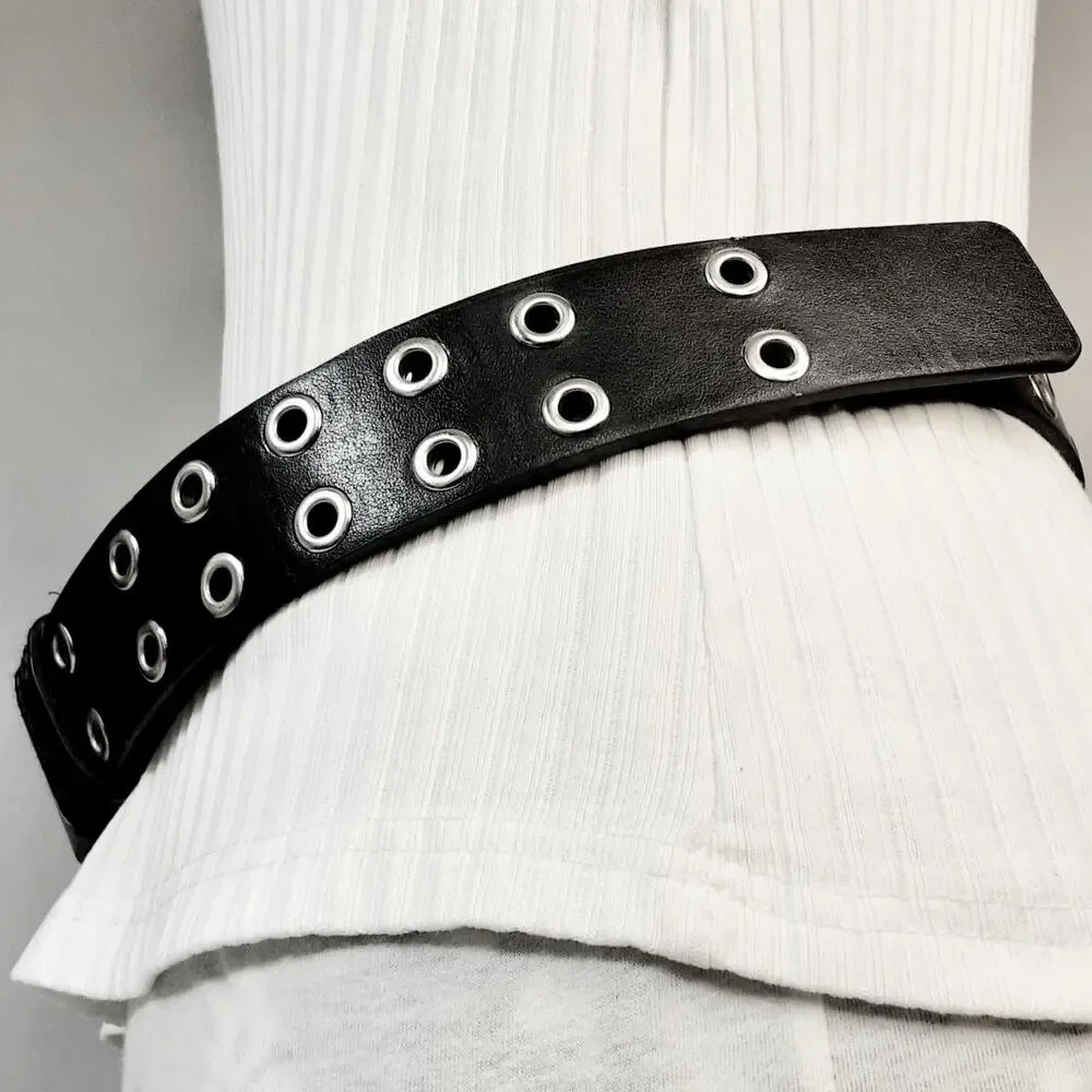 💎Black Unisex Double Silver Tone Grommet Faux Leather Belt Size XL Punk Rock